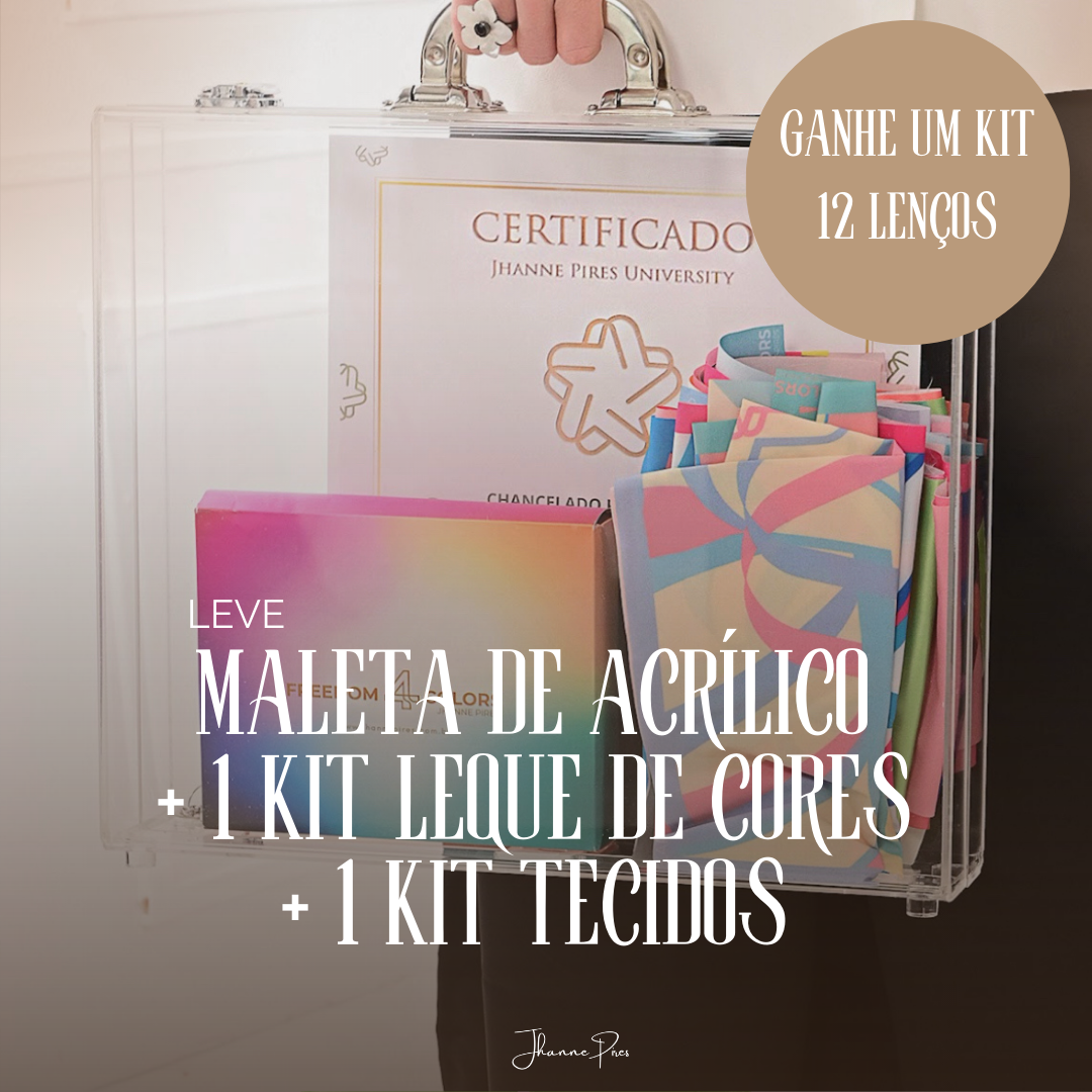 Leve 1 MALETA DE ACRÍLICO + 1 KIT LEQUE DE CORES + 1 KIT TECIDOS e ganhe um kit 12 LENÇOS
